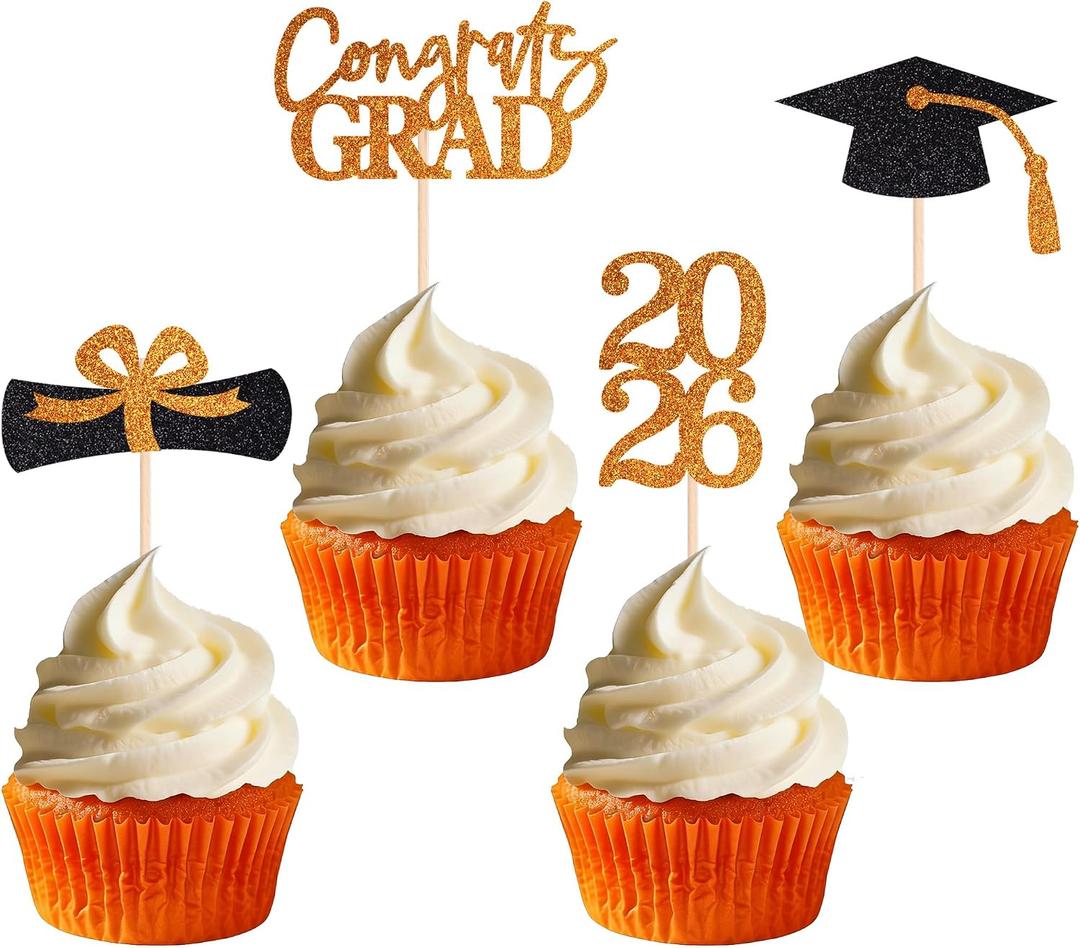 Double-sided 36 PCS Graduation Cupcake Toppers Orange Class Of 2026 Cupcake Picks For Graduation Theme Party Decorations Supply, 4.7 inches x 7 inches