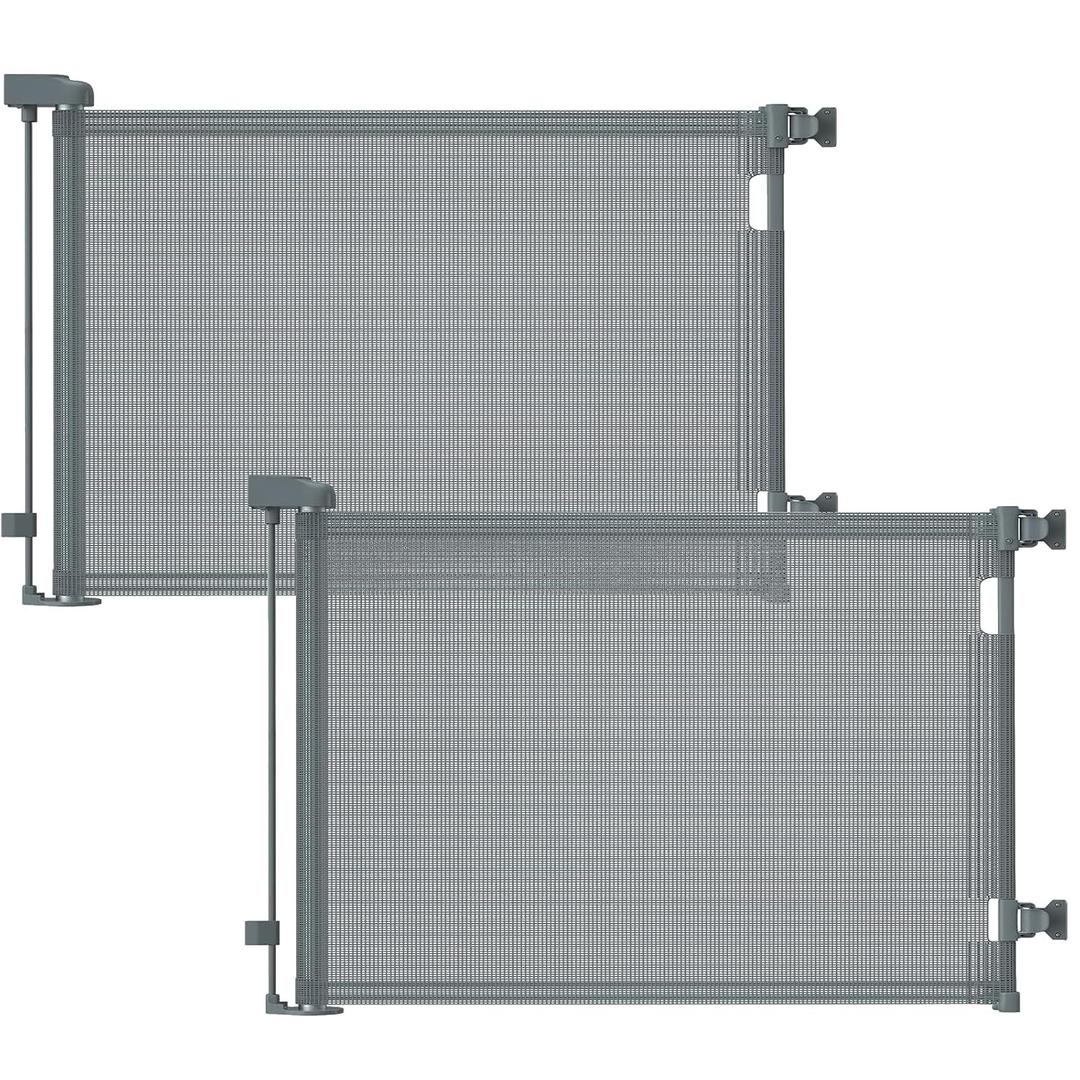 2PCS Retractable Baby Gates, Mesh Dog Gate for Doorways, 33.6" Tall, Expands to 55" Wide,Pet Safety Essential Fit for Baseboards, Wide Toddlers Gates for Hallways, Indoor & Outdoor,Gray