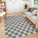 Machine Washable 5x7 Area Rugs for Living Room Checkered, Non Slip Soft Low Pile Geometric Modern Neutral Playroom Rugs for Bedroom Indoor, Large Carpet Rugs for Dining Room Kitchen(Grey, 5'x7')