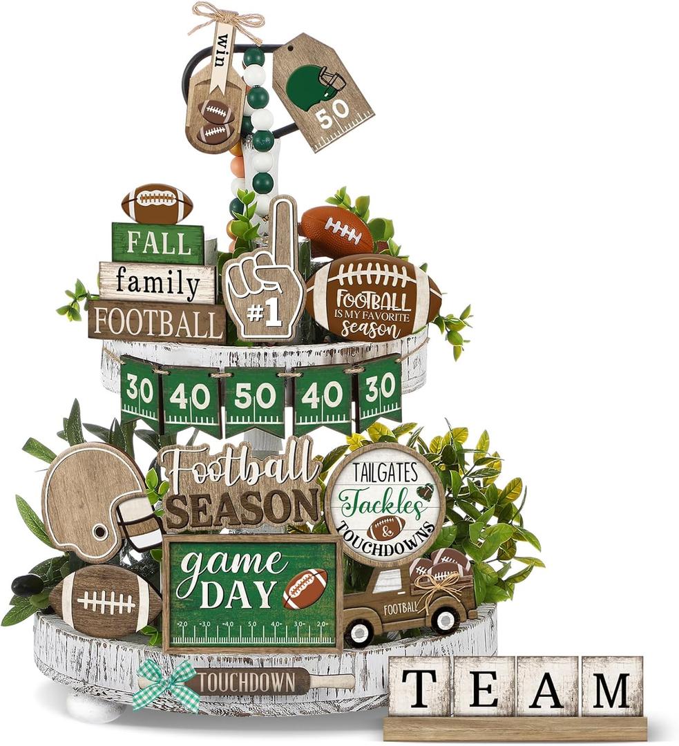 20 Pcs Football Tiered Tray Decoration Football Season Wood Signs Set Rustic Fall Team Game Day Wooden Table Centerpieces Ornament for Fans Rugby Sport Home Theme Party Supplies