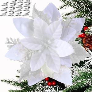 18 PCS Artificial Christmas Poinsettia Flowers - Tree Decorations With Glitter and Clips - White Ornaments for Xmas Decor