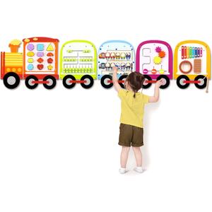 Joyreal Train Activity Wall Busy Board Panels - 8-in-1 Toddler Learning Activity Center - Wooden Montessori Sensory Toys for Playroom, Daycare, Classroom - Educational Toy for All-Round Development, 64.6 x 17 x 0.78 inches