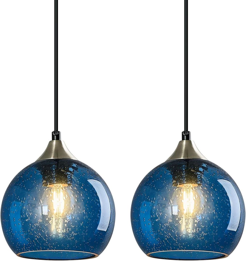 Blue Glass Pendant Lights Kitchen Island Lighting Globe Pendant Light Fixtures Modern Lighting for Kitchen Island Bedroom Living Dining Room (5.9in, 2-Pack)