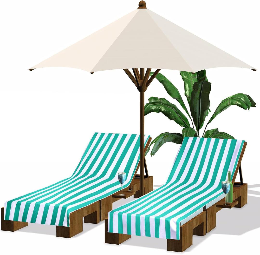 Fumete 2 Pack Lounge Chair Towels 30 x 85 Inch Pool Chaise Lounge Cover Microfiber Beach Chair Towel Portable Striped Cushion for Summer Outdoor Patio Sunbathing(Turquoise)