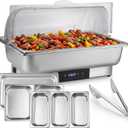 Electric Chafing Dish Buffet Server Set, Stainless Steel Full Size & Half-Size &Three-Section Food Pan with Temp Control, Roll Top Stainless Steel Food Warmers for Catering Buffet
