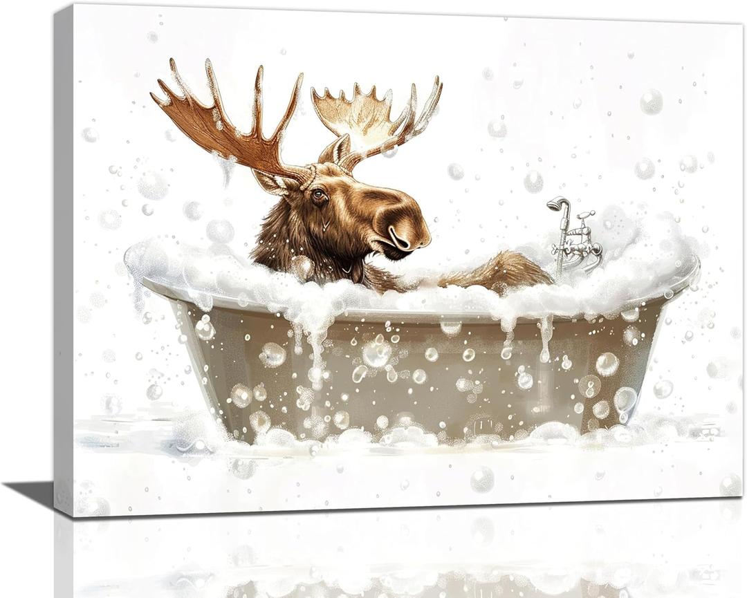 Moose Wall Art Moose in Bathtub Pictures Wall Decor Elk Bathroom Canvas Prints Bathroom Decorations Painting Framed Artwork Office Home Decor For Toilet Laundry Washroom Restroom 16"x12"