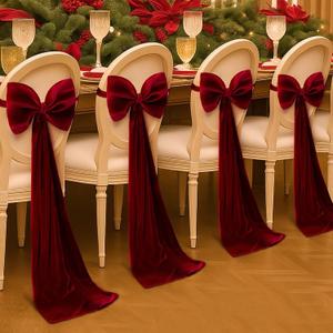 Suncalla 4 Pcs Valentines Velvet Chair Bows Sashes 12 x 43 Inch Red Velvet Bows Chair Covers for Valentines Wedding Birthday Party Dining Room Elegant Ribbons Tie Bands Holiday Party Decorations