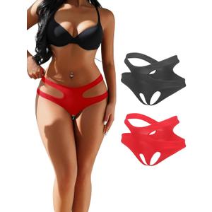 ohyeahlady Women Naughty Underwear Cut Out Briefs Crotchless Panties Breathable Cheeky Hipster Comfortable Panties (2pcs-black/Red, XL)