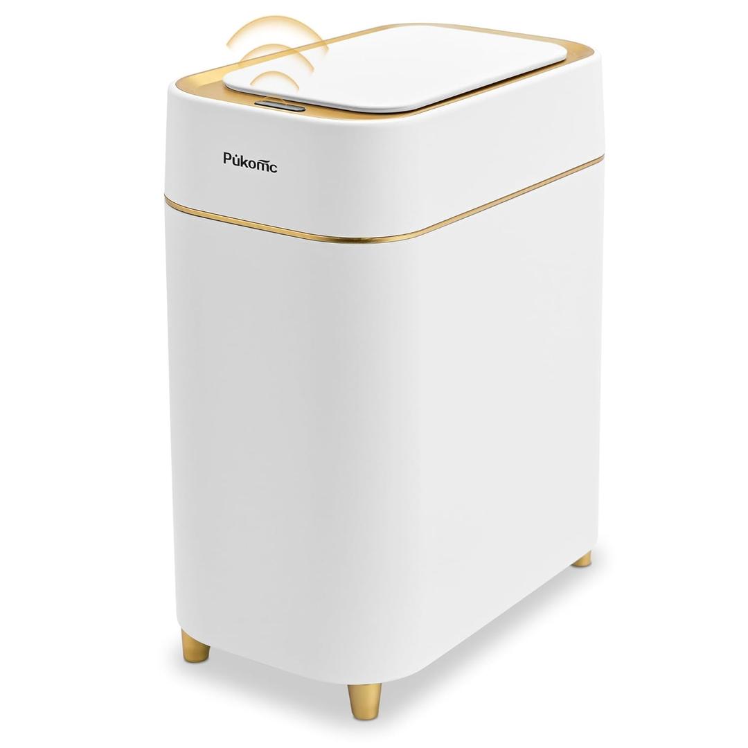 Pukomc Automatic Small Sensor Trash Can with Touchless Lid, 2.3 Gallon / 9L Smart Garbage Can, Quiet Close White Gold Waste Bin - Perfect for Kitchen, Living Room & Small Spaces