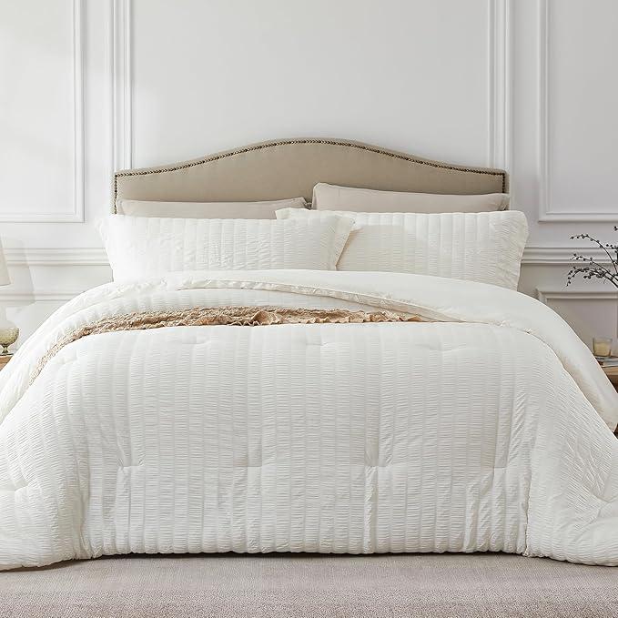 Quataly Beige Full Comforter Set  3 Pieces Seersucker Lightweight Bedding Comforter Sets (1 Soft Fluffy Comforter & 2 Pillowcases)  All Seasons Cozy Farmhouse Bed Sets for Women Men