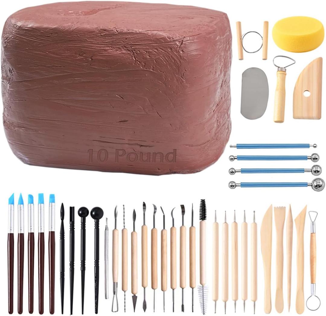 ReArt Natural Air-Dry Clay, Pottery Clay10LBs with 40 Pcs Pottery Tools Clay Sculpting Tool Set, All-Purpose Modeling Clay (Terra Cotta)