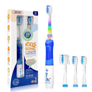 SEAGO Kids Electric Toothbrush with 2 Mins Brushing Timer and 4 Replacement Brush Heads, Rainbow LED Light Makes Brushing Fun, Boys Battery Powered Toothbrush for 4-12 Years OldSG-977 (Blue)