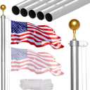 NELXINJO 20FT Sectional Flag Pole Kit, Heavy Duty Aluminum Outdoor In-Ground Flagpole, Gold Ball Top, 3x5 USA Flag for Residential commercial Outdoor Garden(20FT, Silver)