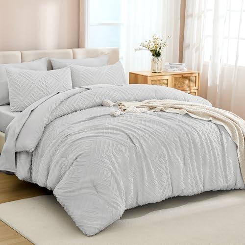 Andency Oversized Queen Size Comforter Set with Sheets Light Grey - 7 Pieces Bed in a Bag Oversized Queen Boho Tufted Lightweight Bedding Sets with Comforter, Sheets, Pillowcases & Shams