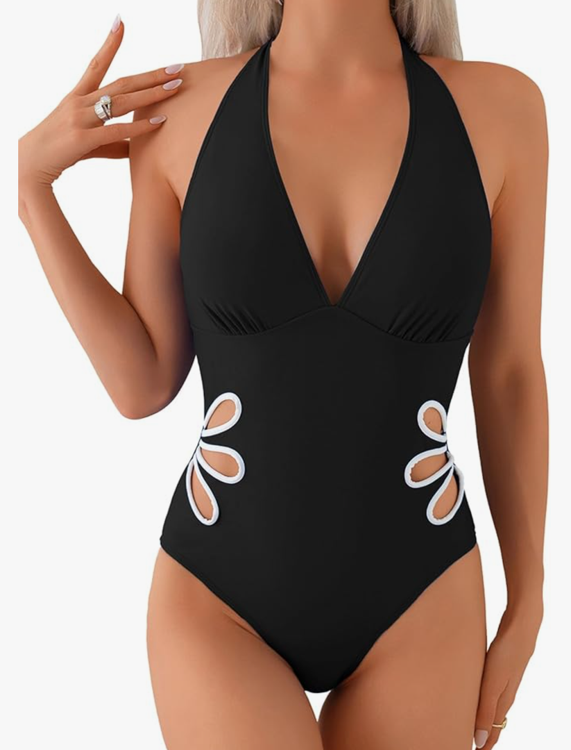 Leoparts Women's V Neck One Piece Swimsuits Halter Color Block Sunflower Side Cutout Slimming Bathing Suit Swimwear XL