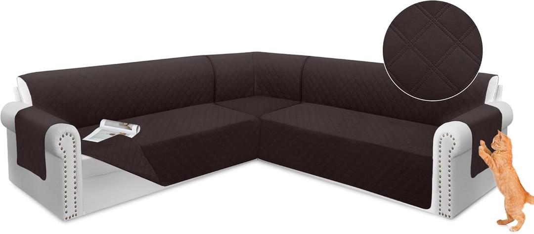 Arfntevss Sectional Sofa Cover Corner Sectional Couch Cover L Shaped Reversible Washable Sofa Slipcover for Dog Quilted U Shape Couch Cover 4 Pcs Non Slip Furniture Protector (Dark Brown, XX-Large)