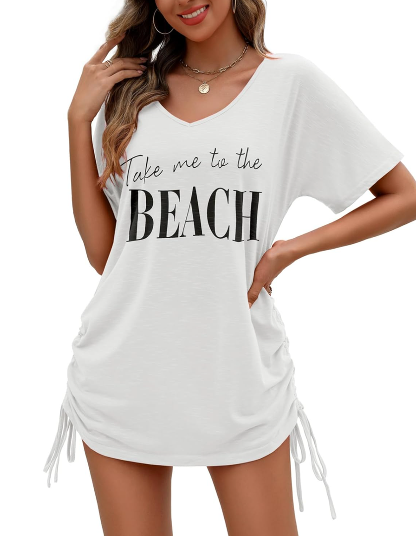 AI'MAGE Swimsuit Coverup for Women Short Sleeve Bathing Suit Cover Up T-Shirt Casual Beach Dress Drawstring Swim Cover Up (S)