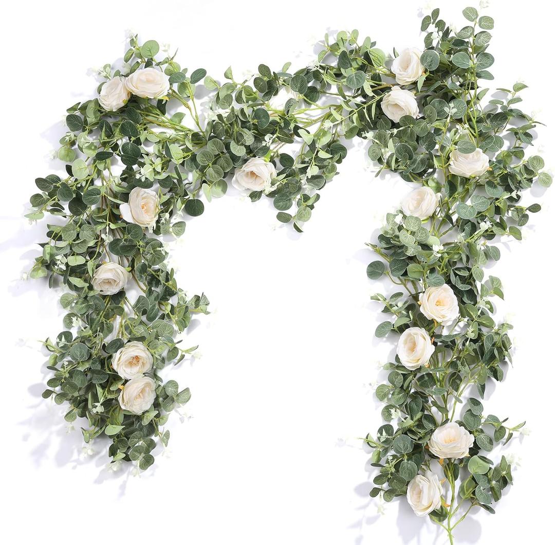 Der Rose 2Pcs Artificial Eucalyptus Flower Garland with Fake Rose Flower Vine Seeded Eucalyptus Leaves Greenery Garland for Wedding Table Runner Backdrop Party Centerpiece Decor (White-Total 13FT)