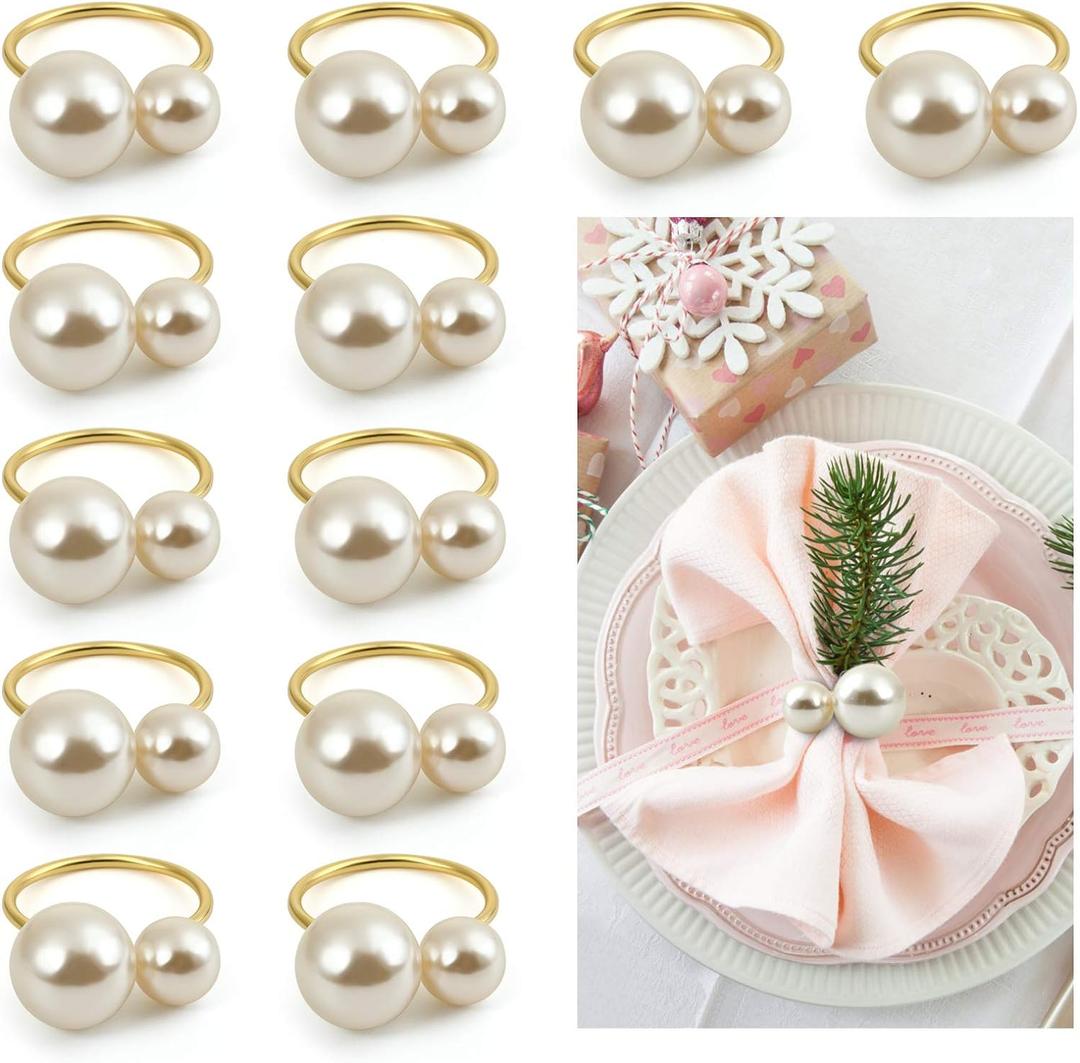 KESOTE Set of 12 Pearl Napkin Rings, Gold Napkin Ring Holders for Formal or Casual Dinning Table Decor