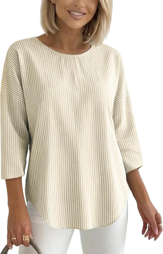 Women's 2026 Summer 3/4 Sleeve Tops Casual Striped T Shirts Crewneck Loose Office Work Shirts Cotton Blouses (Beige, M)