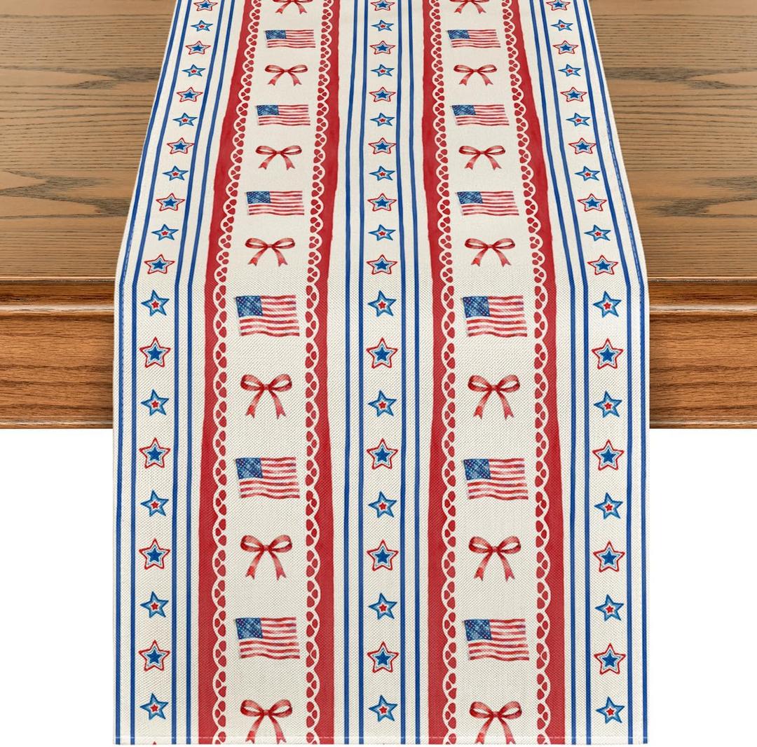 Artoid Mode Star Striped Bow American Flag 210 GSM 4th of July Table Runner, Memorial Day Kitchen Dining Table Decoration for Home Party Decor 13x72 Inch