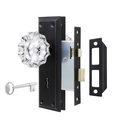 newliplace Upgraded Mortise Lock Set for Interior Door, Matte Black Vintage Style Crystal Glass Door Knobs with Lock and Skeleton Key, Old Style Door Knobs Reversible for Left & Right Handed Door, Interior Mortise, Matte Black