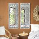 Set of 2 13x30 Inch Large Grey Shatterproof Carved Floral Wood Frame Wall Mirrors, Boho Farmhouse Rustic Accent Mirrors for Living Room Bedroom Bathroom & Home Decor