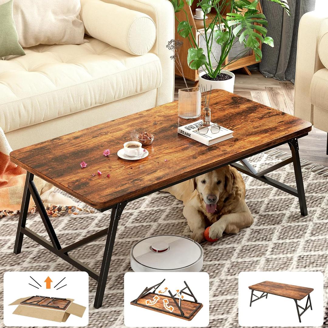 Folding Coffee Table, No Assembly Low Coffee Table, Floor Table Desk for Sitting on The Floor, Portable Floor Table for Living Room, Home, Caravan and Outdoor use, 39.4L x 19.7W x 15.8H (Rustic Brown)