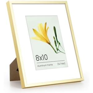 Heimlove Metal Picture Frame - Upgrade Aluminum Photo Frames, 5x7 with Mat or 8 x 10 Without Mat, for TableTop Display and Wall Mounting, Wall Hook Hanging Hardware Included - (Gold, 1 Pack)