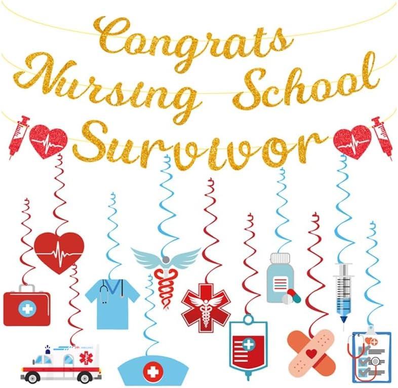 Nursing Nurse Graduation Decorations,Gold Glitter Nursing School Survivor Banner Sign with Hanging Swirls,Congrats RN/BSN Graduation Party Decor Supplies