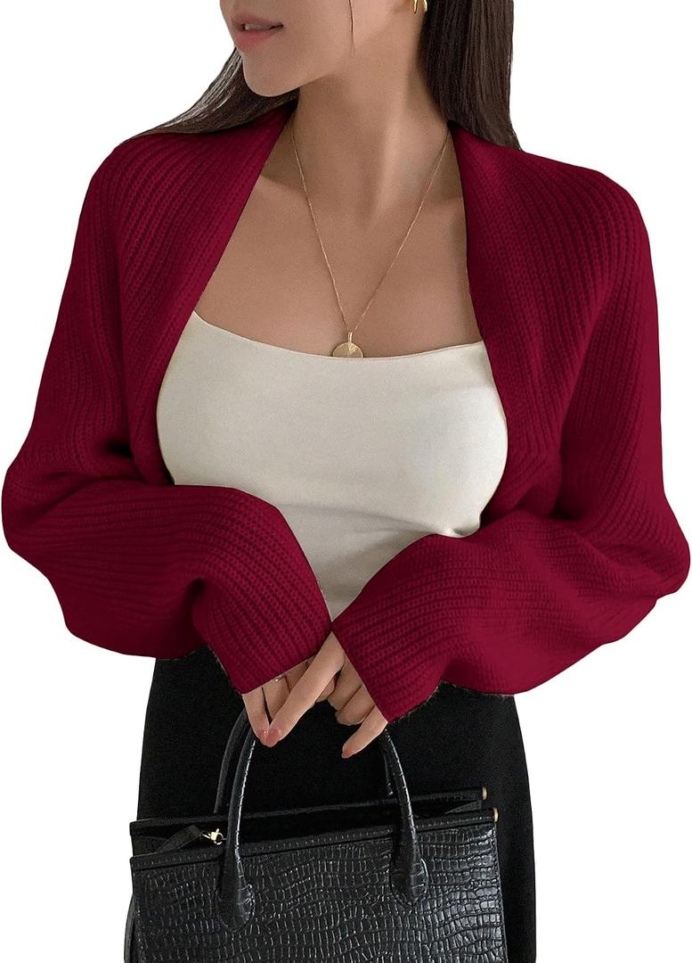 SweatyRocks Women's Open Front Cropped Cardigan Long Sleeve Bolero Shrug Sweater Medium