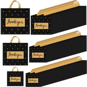 Gueevin 200 Pcs Thanks Bags with Handle Bulk Thank You Merchandise Bags 3 Size Plastic Packet Retail Shopping Package for Boutique 9 x 12'', 12 x 14'', 13 x 15''(Black and Gold)