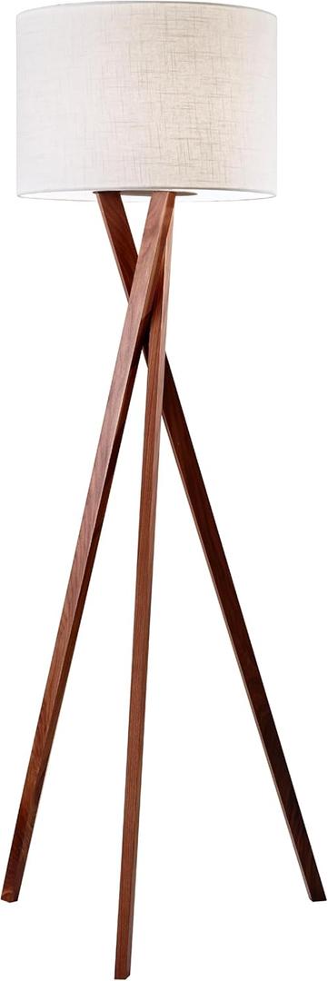 Adesso Floor Lamp with Walnut Tripod Base and White Linen Lampshade  Lamp for Bedroom, Living Room, and House Dcor, 63 x 20 (Brown and Beige)
