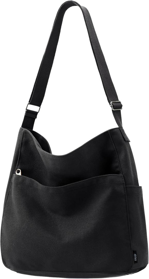 KALIDI Canvas Tote Bag Large Hobo Crossbody Shoulder Handbag Zipper Messenger Bag for Women or Men Casual College Work (Black)