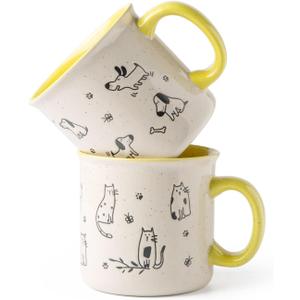 AmorArc 22 OZ Large Ceramic Coffee Mugs Set of 2, Oversized Mugs With Big Handle for Men Women Dad Mom, Big Mug With Textured Dogs Cats Patterns for Office & Home -Microwave Safe, 2 Pcs-Yellow