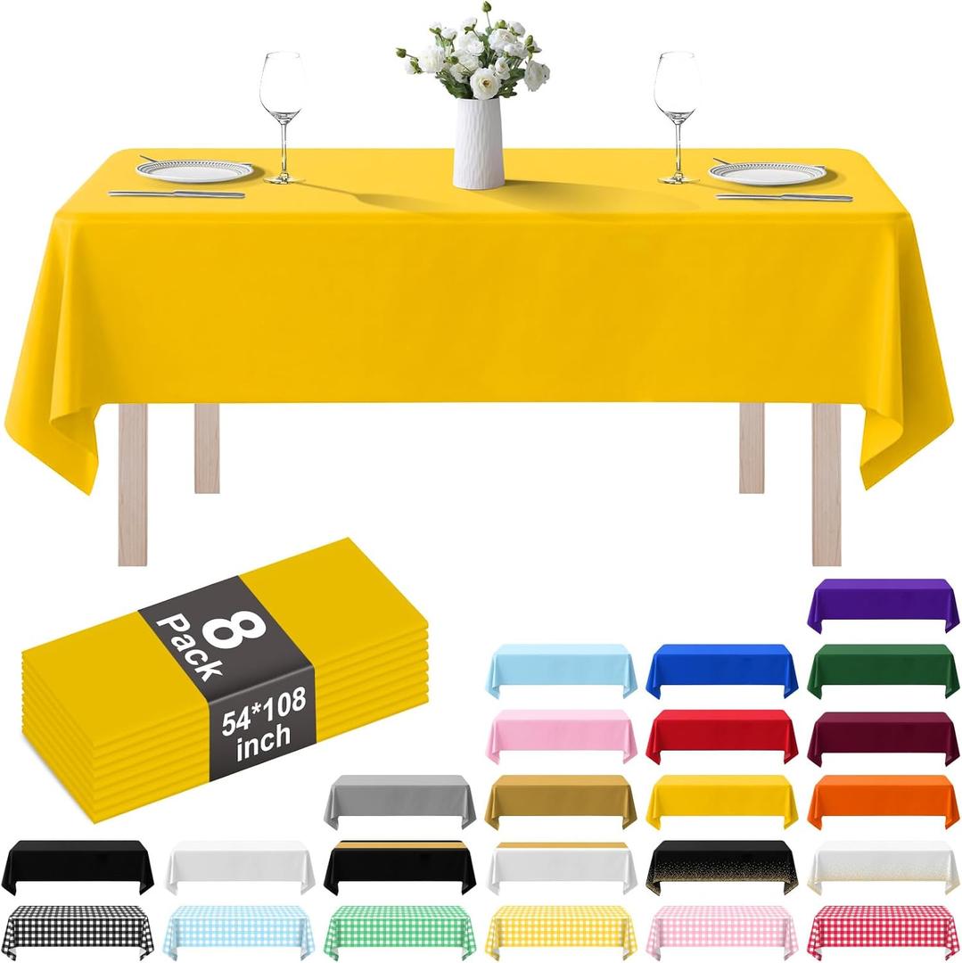 8 Pack Plastic Tablecloth 54" x 108" Disposable Table Cloths for 6 to 8 Foot Tables Rectangle Table Cover for Parties (Yellow, Rectangle)
