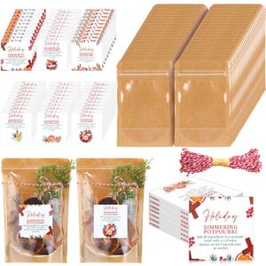 Gueevin 60 Pcs Christmas Stovetop Potpourri Gifts 9.5 x 6.3 Inches Kraft Paper Pouch Resealable Pouch Bag with Window Simmer Instruction Stovetop Potpourri Paper Tags and Rope for Teacher Neighbor