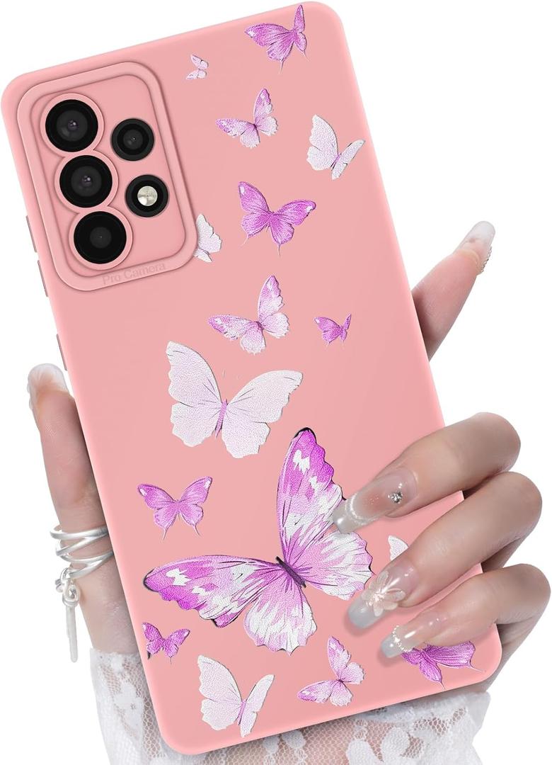 2 x for Samsung Galaxy A32 5G Phone Case, Fashion Flower Pattern Design Girls Women Liquid Silicone Cover, Slim Shockproof and Scratch-Resistant Soft Case for Samsung A32 - Butterfly Pink
