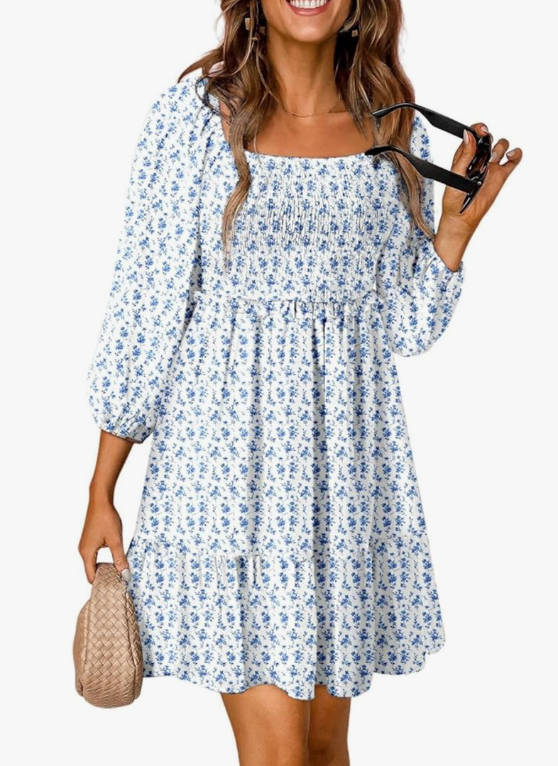 Dokotoo Summer Dresses for Women 2025 Boho Floral Square Neck Smocked 3/4 Sleeve Casual A-Line Swing Mini Dress Sundress
Color: Sky Blue, Size: L