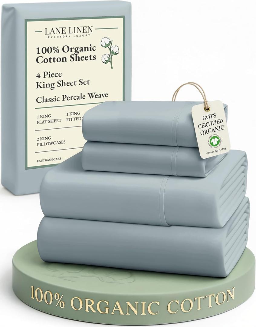 LANE LINEN 100% Organic Cotton Bed Sheets King Size, Soft & Comfy Fully Elasticized Percale Bedding Sheets & Pillowcase Set, Low Pilling Machine Washable All Season King Sheet- French Blue