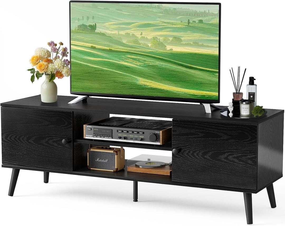 DUMOS TV Stand for 55 60 inch TV, Entertainment Center with Storage Cabinet, Mid Century Modern Media Console Table, Adjustable Hinge, Wooden Television Furniture for Living Room, Office - Black