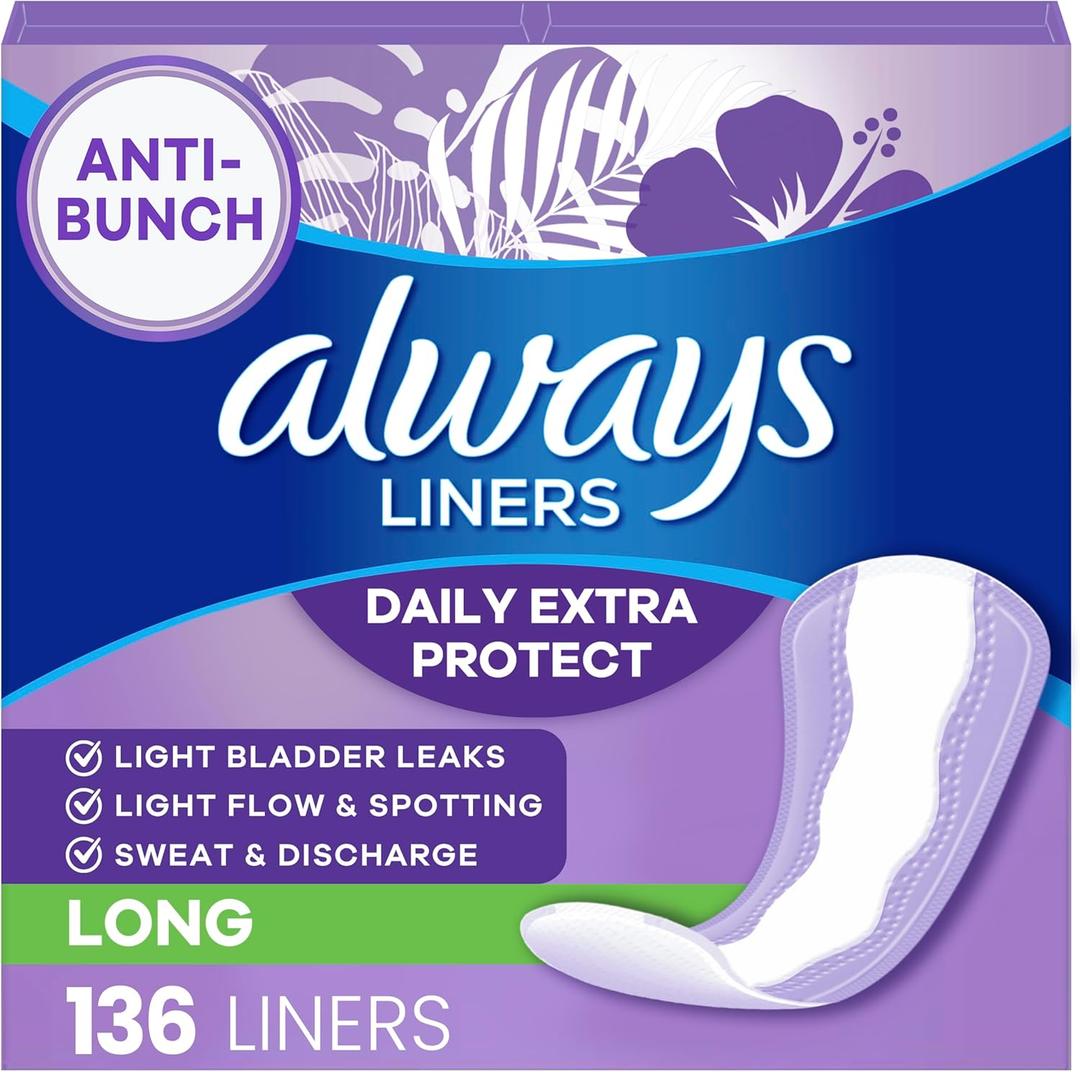 Always Panty Liners for Women Anti-Bunch Xtra Protection Daily Liners, Long, Unscented, 136 Count