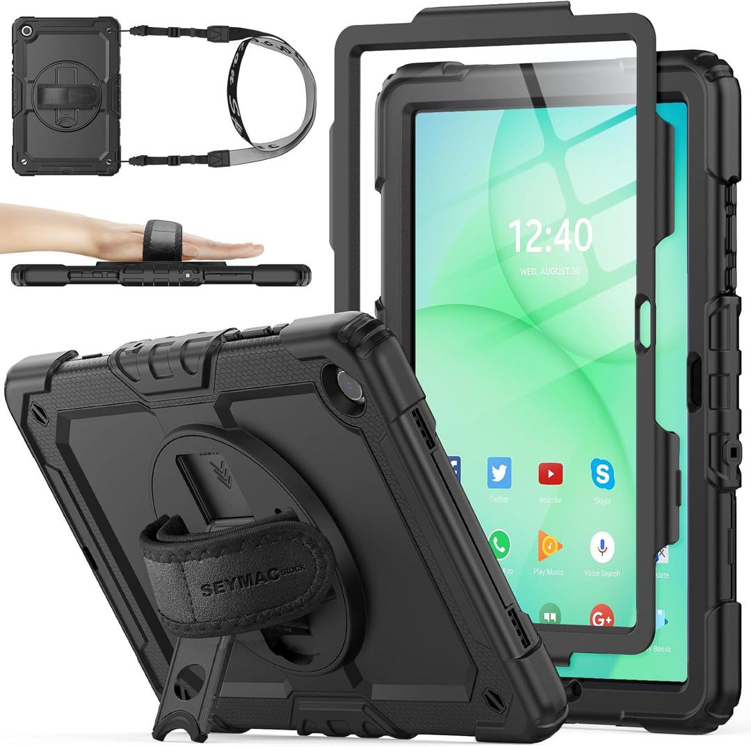 SEYMAC stock Case for Samsung Galaxy Tab A11+ Plus/A9+ Plus 11'', Full-Body Drop Protection Case with Screen Protector Pencil Holder [360 Rotating Hand Strap] &Stand - Black