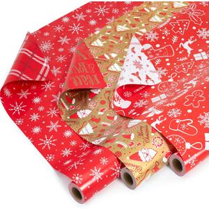 RJVW Small Christmas Gift Wrapping Paper Rolls,3 Rolls 17inches x 198inches Reversible Gift Wrapping Paper, Red Gold White Wrapping Paper, Snowflakes, Stripes, Plaid, Santa hat, Christmas decorations