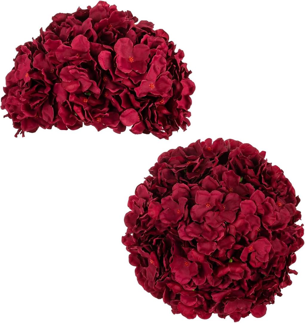 BLOSMON Hydrangea Flowers Ball Centerpieces: 2 Pcs Burgundy Fake Flowers Artificial Silk Flower Balls Faux Hydrangeas Floral Arrangements Bouquet for Wedding Home Room Table Decoration