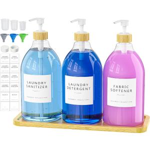 Moforoco 3 Pack White Liquid Laundry Detergent Dispenser with Bamboo Tray, 64 Oz Plastic Laundry Soap Dispenser, Fabric Softener Dispenser with Pump and Labels for Laundry Room Decor and Organization