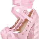Platform Heels Chunky Bow Ribbon Pumps (Pink) 
