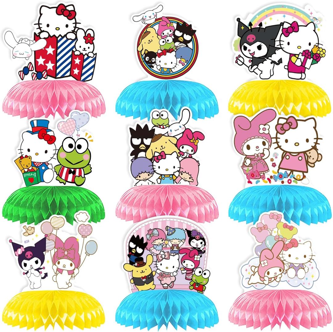 Kawaii Birthday Decorations, 9pcs Kawaii Honeycomb Centerpiece Table Decorations, Double Sided Table Decorations Centerpieces Party Table Toppers Sign Decor