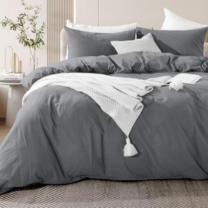NEXHOME PRO Cotton Duvet Cover Queen Size Linen Look Textured Organic Natural 100% Washed Cotton Duvet Cover 3 Pieces Bedding Set with Zipper Closure, Breathable, Soft, Grey (No Comforter) (Queen (90"x90"))