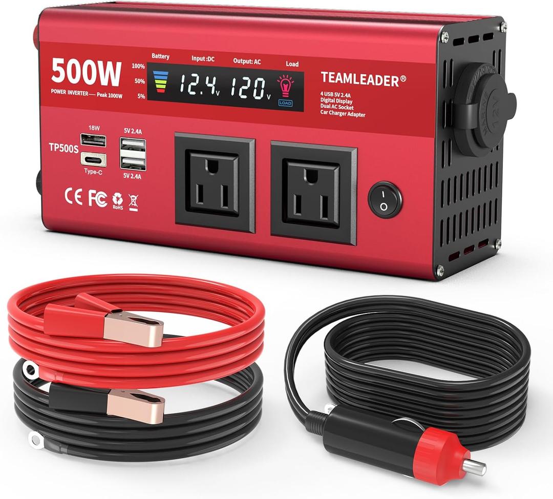 500W Power Inverter 12V DC to 110V/120V AC, Car Power Inverter for Vehicles with LED Display, Dual AC Outlets, 3X 2.4A USB and Type-C Port, 12 Volt Inverter Converter for Laptop, RV, Truck